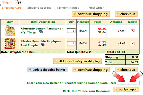 Picture of where the coupon code is entered at the Shopping Cart.